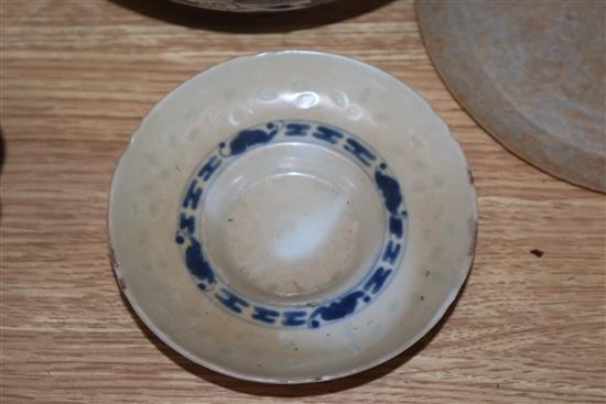 Two Persian Chinese enamel bowls and saucer, a blue and white vase, another plate and a dish